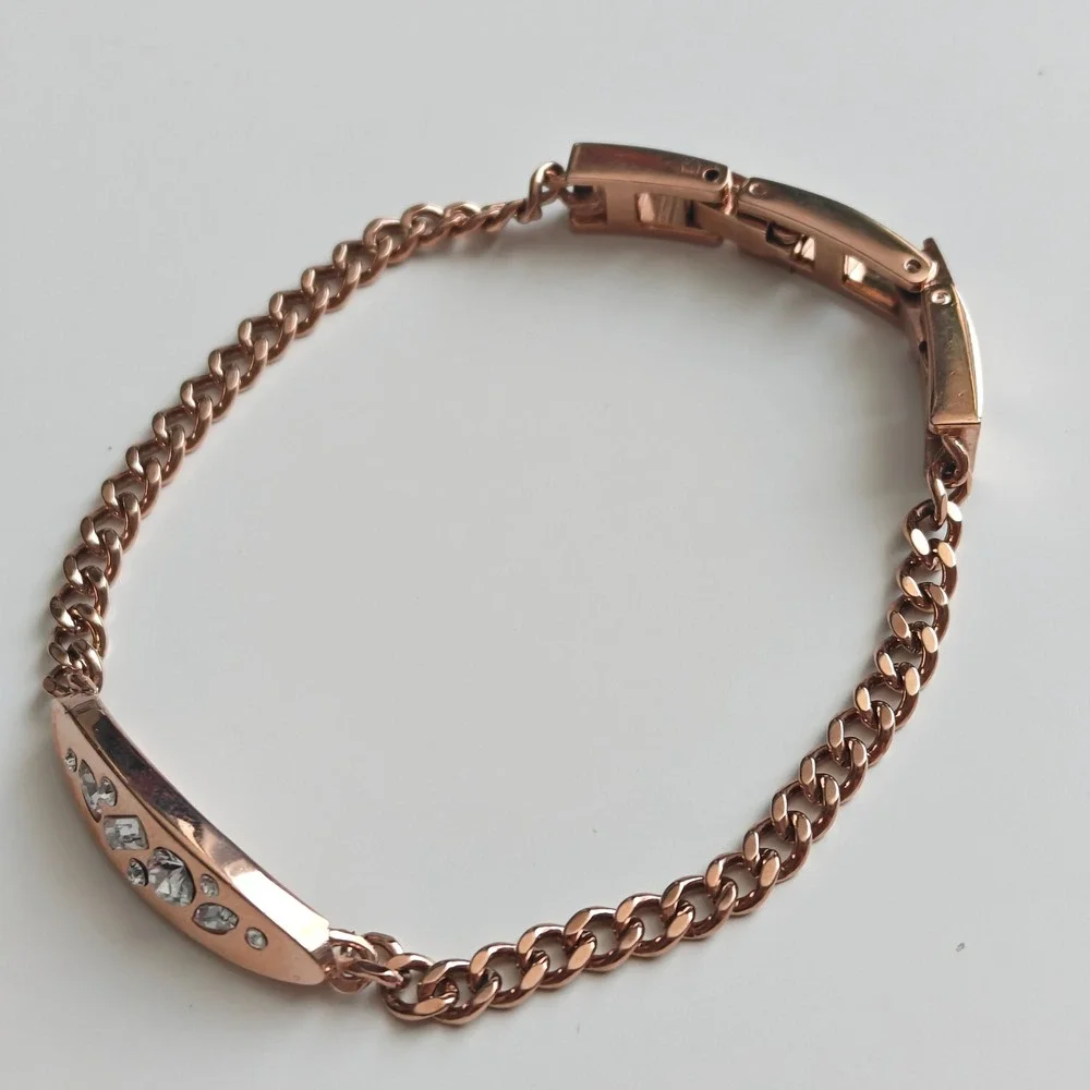 Rose Gold Tone Crystal Curb Chain Bracelet Inlaid Curved Bar Adjustable Clasp